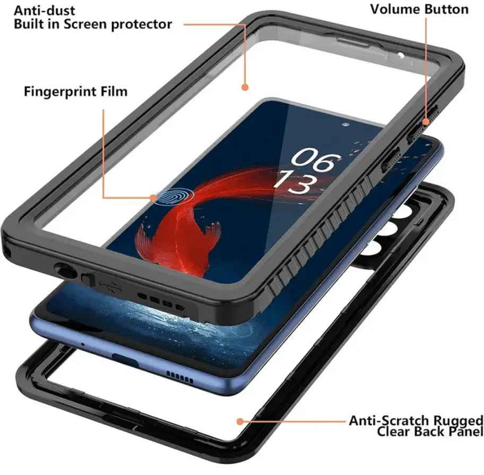 Clear waterproof and shockproof phone case for Samsung Galaxy S25 Plus by TechPlus, showing the protective cover on the device.
