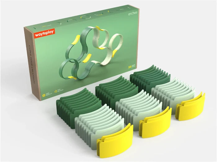 Waytoplay Arches box behind 54 curved pieces in forest green, mint green, and bright yellow.