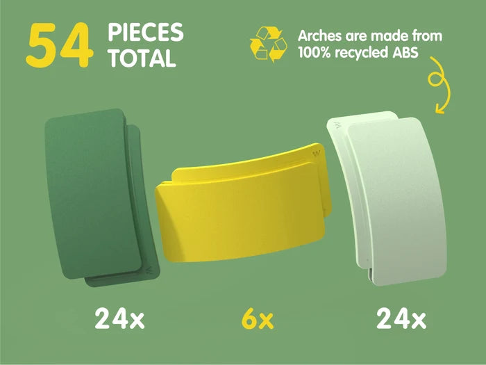 Stacks of 54 curved building pieces in dark green, yellow, and light mint green. Made from 100% recycled plastic.