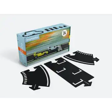 Blue box next to three black flexible rubber road pieces featuring white racing stripes and interlocking tabs.