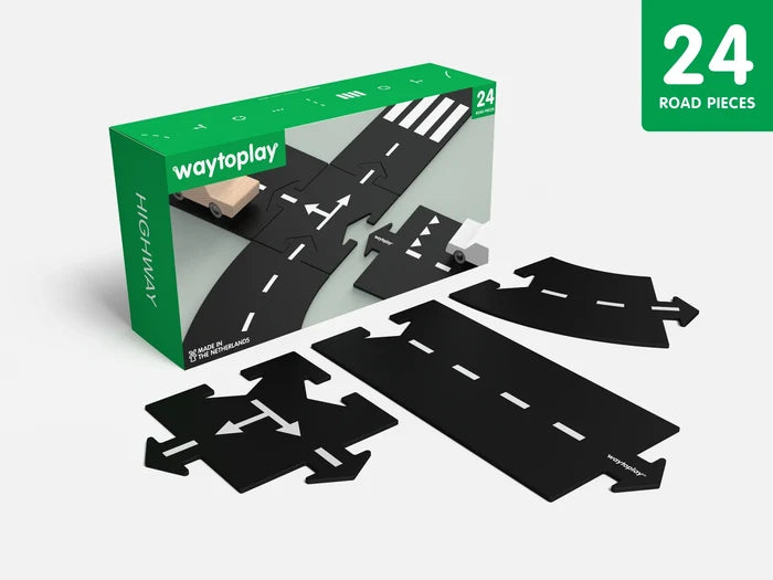 Green box for Waytoplay Highway with 24 black flexible road pieces in straight, curved, and intersection shapes.