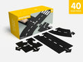 40-piece set of flexible black toy road segments with white markings shown with a yellow display box.