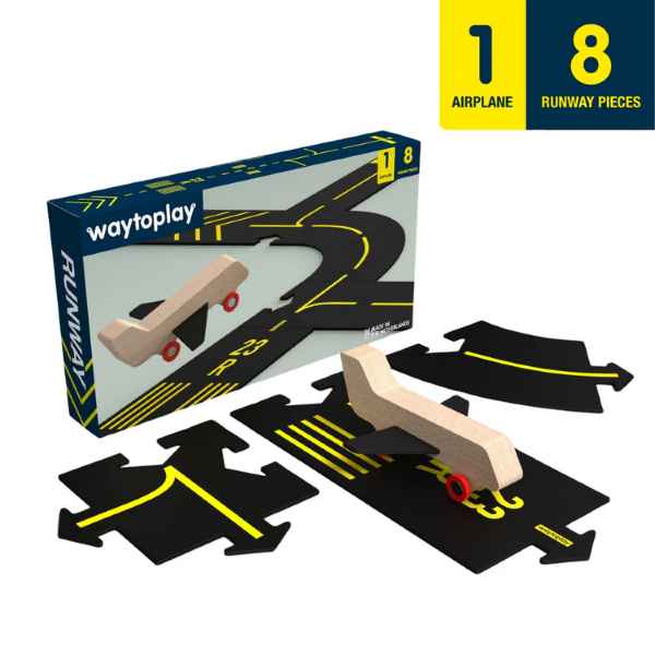 Wooden toy airplane and flexible black runway pieces with yellow markings, shown next to the product packaging.