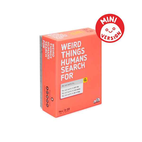 Orange rectangular game box with white text and a search bar graphic. A red circular sticker says MINI VERSION.