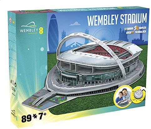Box for a 3D Wembley Stadium puzzle showing a detailed model with a white arch and green base against a blue sky.