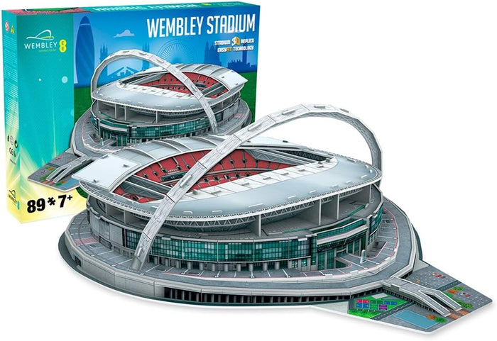 3D puzzle box and completed model of a circular stadium with a signature white arch, red seats, and grey paneling.