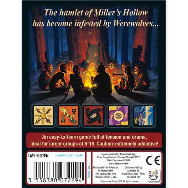 Back of game box with campfire scene, werewolf silhouette, character icons, and product details with a barcode.