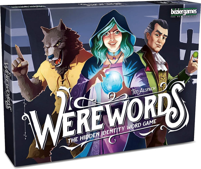Dark blue box for Werewords featuring a werewolf, a seer with a glowing crystal ball, and a man in a green coat.