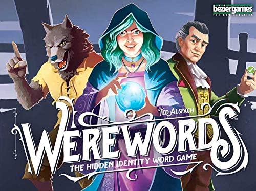 Werewords game box art featuring a werewolf, a woman with a glowing blue orb, and a man in a green coat.