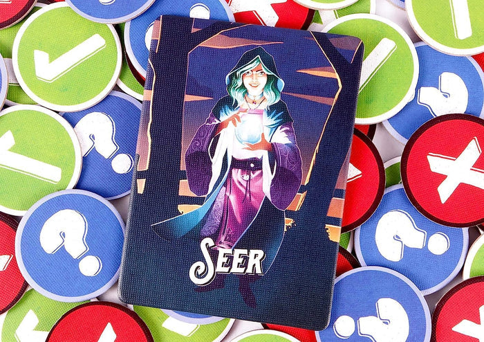 Seer card with a hooded figure and glowing orb on a pile of green checkmark, blue question mark, and red X tokens.