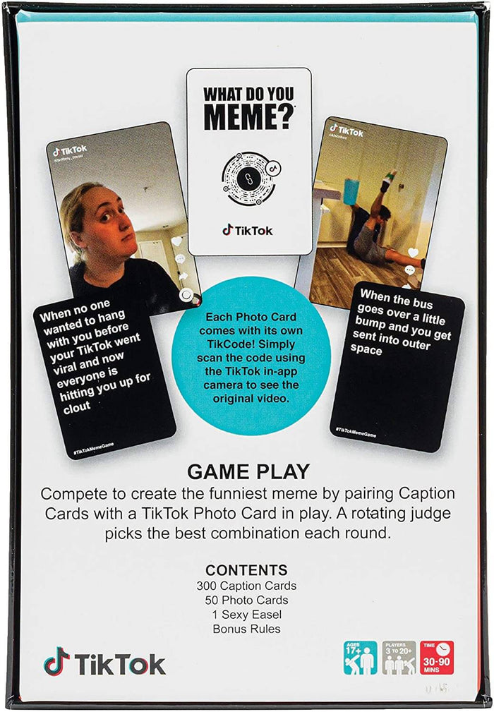 Back of white TikTok meme game box featuring sample cards, game play instructions, contents list, and age icons.