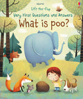 Illustrated cover with a blue elephant, red-haired child, and a pile of steaming brown dung in a green field.