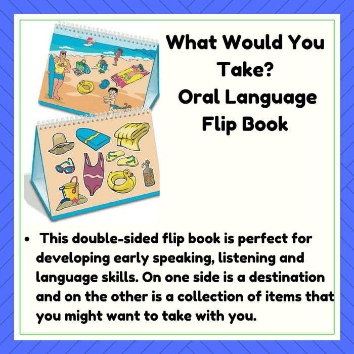 Spiral flip book showing a beach scene and vacation items including a swimsuit, sun hat, towel, and yellow inner tube.