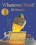 Book cover: A bear in a box rocket with a colander helmet flies from a chimney into a starry blue night sky.