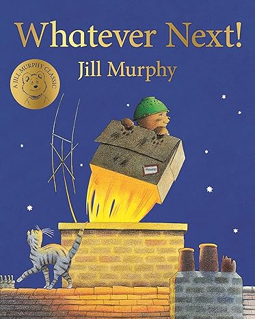 Book cover: A bear in a box rocket with a colander helmet flies from a chimney into a starry blue night sky.