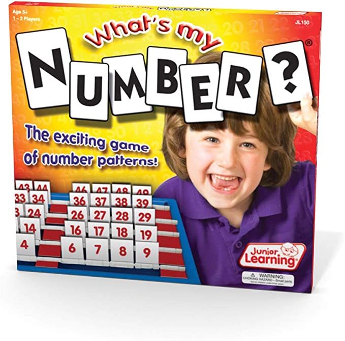 Square yellow box for What's My Number? featuring a boy and a blue board with white number tiles in red slots.