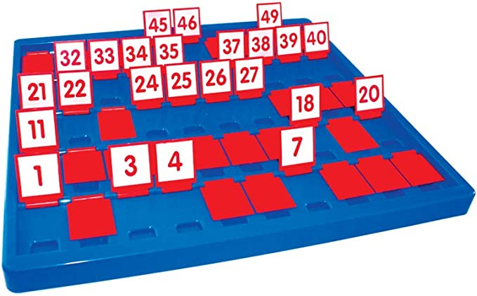 Blue plastic game board with red flip tiles featuring white numbers, some tiles standing and others folded down.