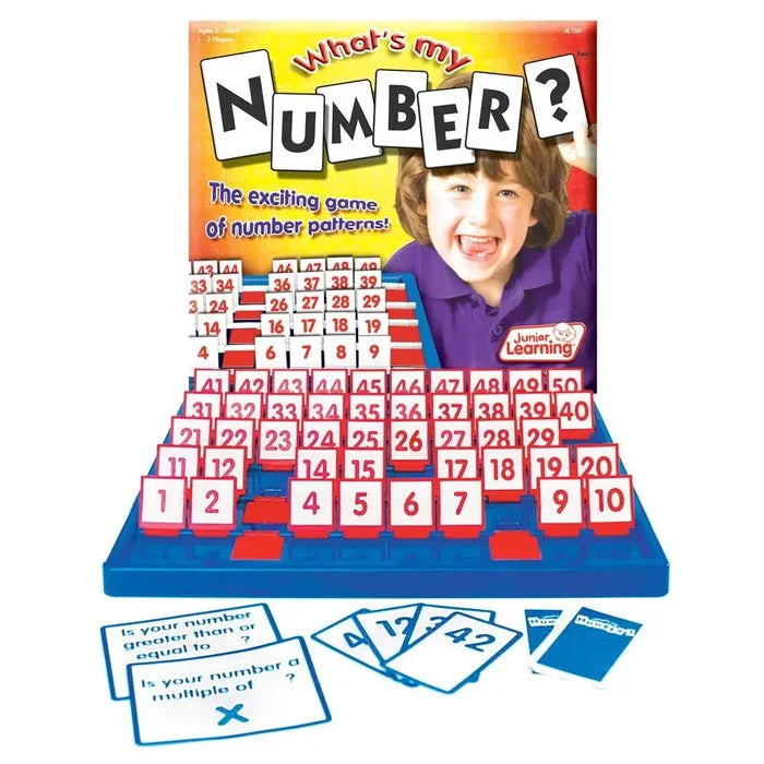 Blue game board with rows of red flip-up numbers 1-50, question cards, and box featuring a smiling child.