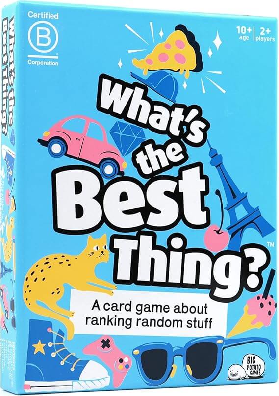 Bright blue card game box with bold text and colorful icons of a cat, pink car, pizza, and sunglasses.