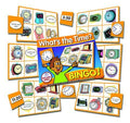 Bingo game set with illustrated clock cards and orange time tiles showing analog and digital times.