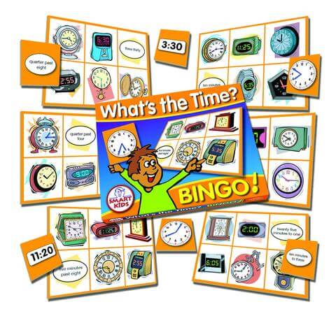 Bingo game set with illustrated clock cards and orange time tiles showing analog and digital times.