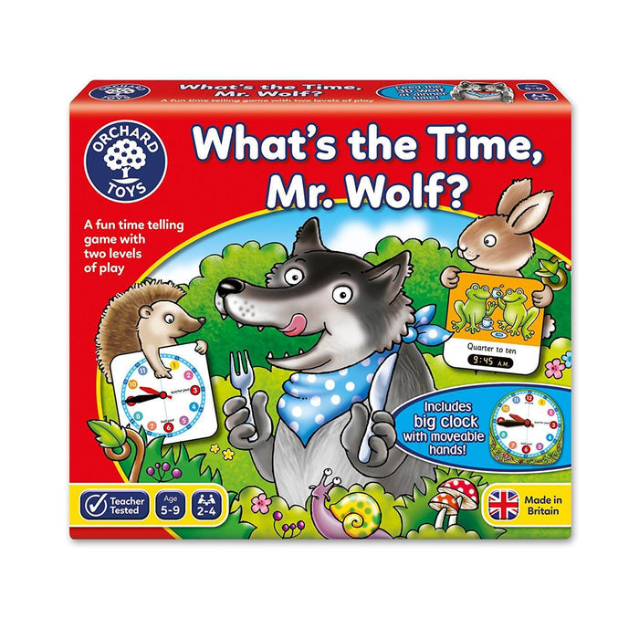 Red board game box featuring a cartoon wolf, bunny, and hedgehog in a grassy field holding analog and digital clock cards.
