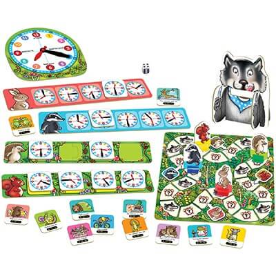 Woodland-themed board game with a clock face, animal cards, a colorful game path, and a large 3D wolf figure.
