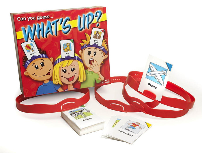 What's Up? game box with 4 red plastic headbands and various illustrated picture cards on a white background.