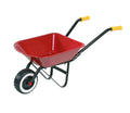 Red toy wheelbarrow with a black frame, yellow handle grips, and a single black tire with a white rim.