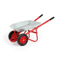 Red toy wheelbarrow with a silver galvanized tray, two black and red wheels, and black handle grips.