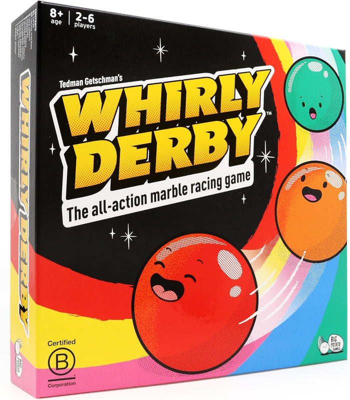 Colorful board game box with smiling red, orange, and green marbles racing on a rainbow trail through space.