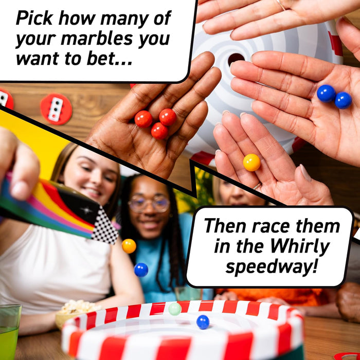 People bet colorful marbles and race them on a red and white striped circular track.