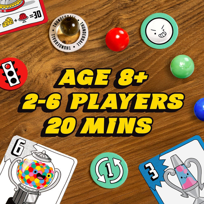 Colorful marbles, tokens, and cards on a wood surface. Text reads: AGE 8+, 2-6 PLAYERS, 20 MINS.