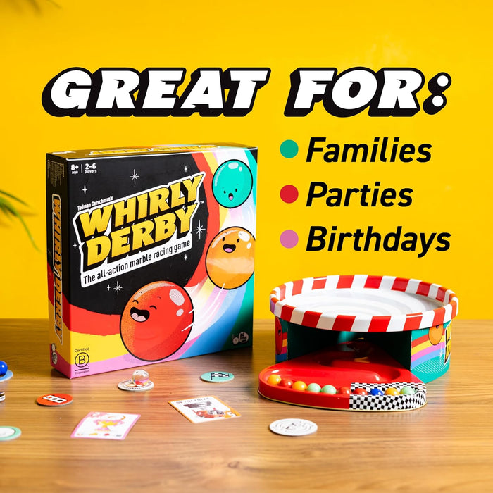 Whirly Derby game box, red and white striped arena, and marbles on a wooden table against a bright yellow background.