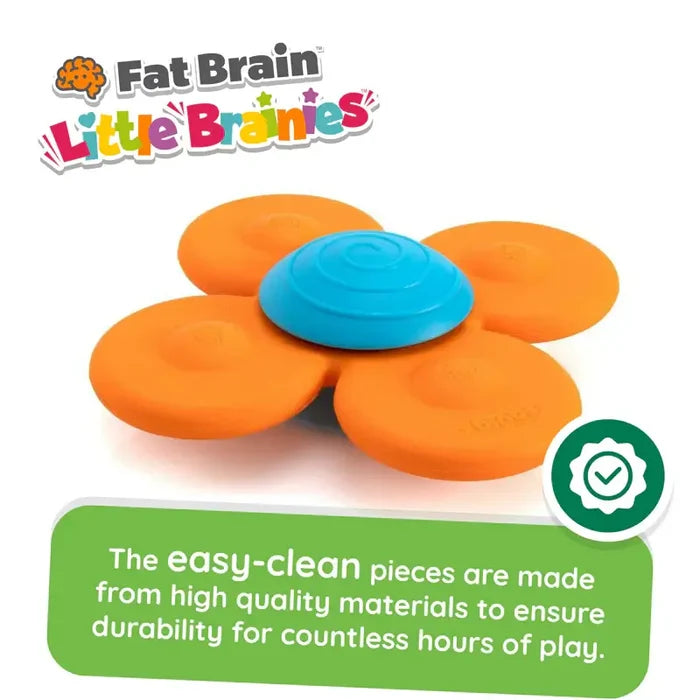 Fat Brain Little Brainies orange and blue flower-shaped silicone suction toy. Durable, easy-clean material.