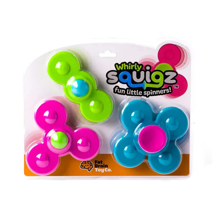 Bright green, pink, and blue suction cup spinners with two, three, and four petals in a blister pack.