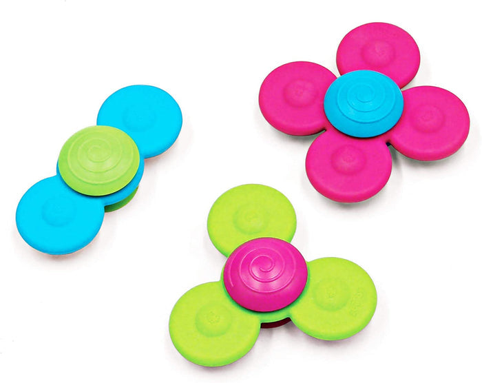 Three silicone suction spinners in pink, lime green, and blue with two, three, and four rotating blades.