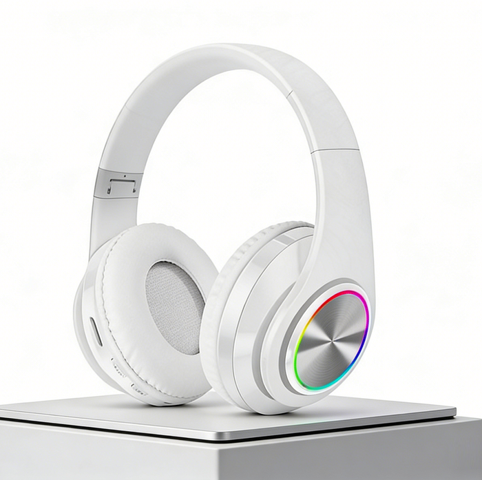 Wireless Bluetooth headset by dealonline.co.nz with foldable stereo earphones, LED indicator, and sleek white design.