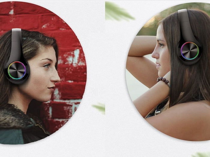 White wireless Bluetooth headset with foldable stereo earphones, LED indicator, designed by dealonlinenz for portable audio.