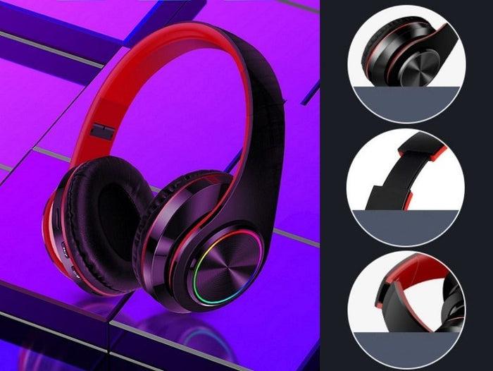 White wireless Bluetooth headset with foldable stereo earphones and LED lights, designed for comfortable listening.
