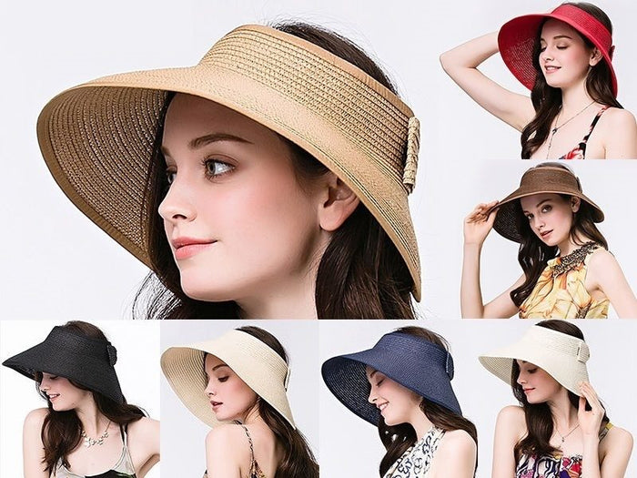 White foldable straw visor hat for kids with wide brim, ideal for summer sun protection, by dealonline.co.nz