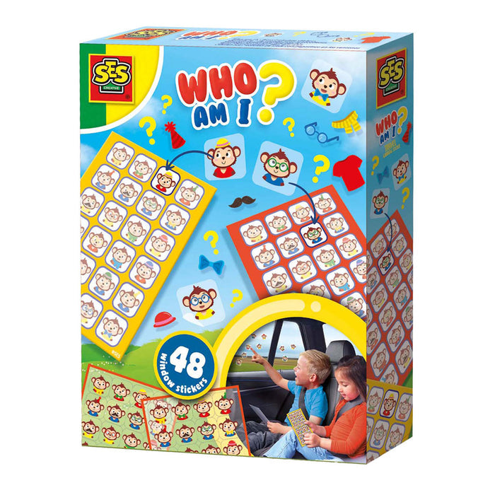 Bright toy box with 48 monkey stickers, colorful grids, and a photo of children applying stickers to a car window.
