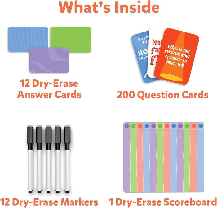 Graphic showing 12 colored dry-erase cards, 200 question cards, 12 dry-erase markers, and a colorful scoreboard.