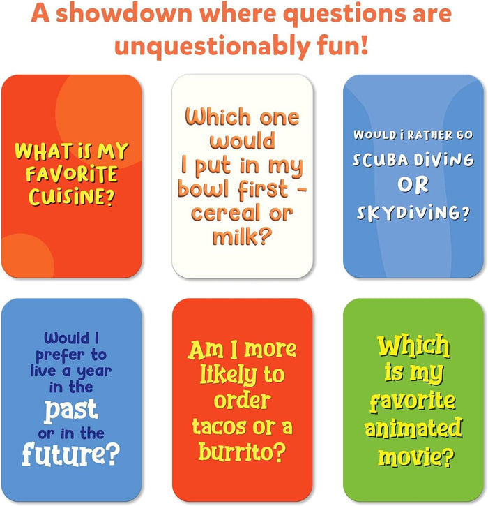 Six colorful game cards featuring various get-to-know-you questions about food and lifestyle preferences.