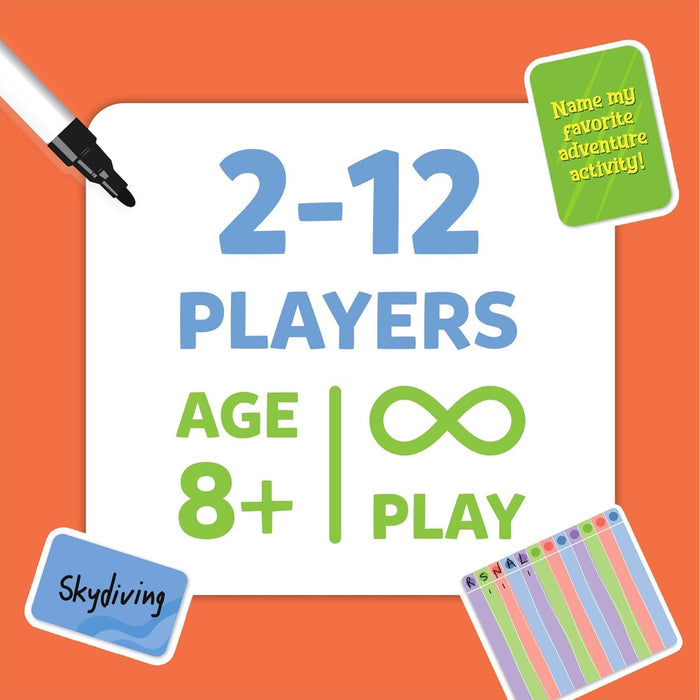 Orange graphic with 2-12 players, age 8+, and infinity play icons, plus sample cards, a marker, and colorful scorecard.