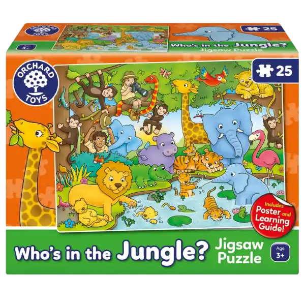 25-piece jigsaw box featuring a colorful cartoon jungle scene with wild animals like lions, giraffes, and monkeys.