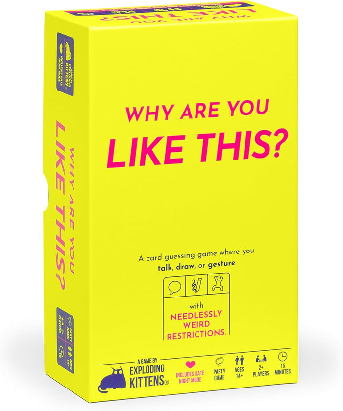 Bright yellow rectangular game box with bold pink and purple text, simple icons, and a black Exploding Kittens cat logo.