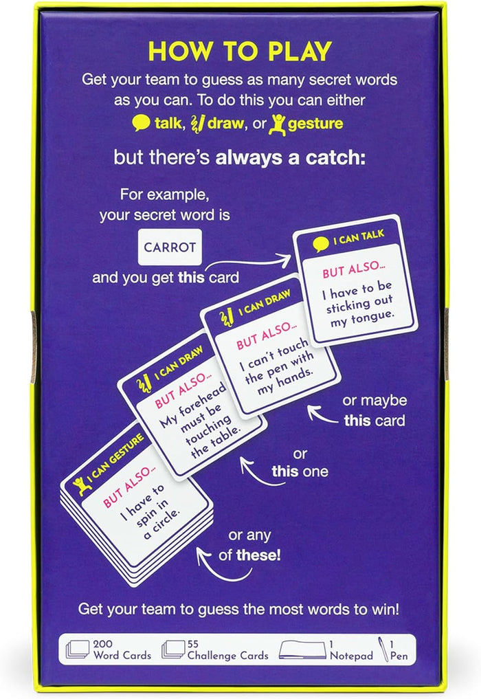 Purple game box back showing "How to Play" instructions and examples of humorous challenge and word cards.