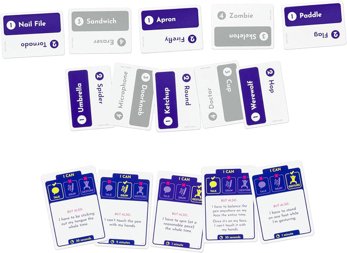 Purple and gray word cards and blue challenge cards with icons and funny action prompts from a party game.