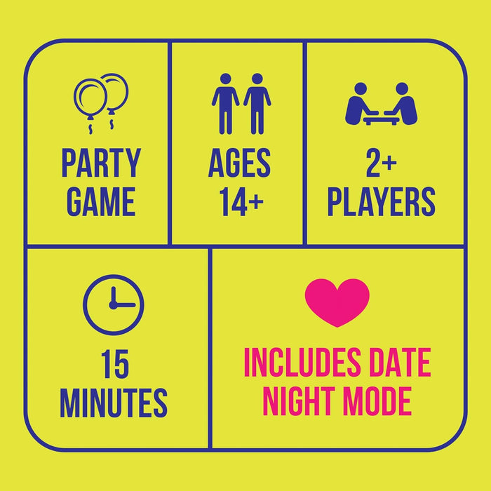 Yellow graphic with blue borders: Party Game, Ages 14+, 2+ Players, 15 Minutes, and Includes Date Night Mode with pink heart.